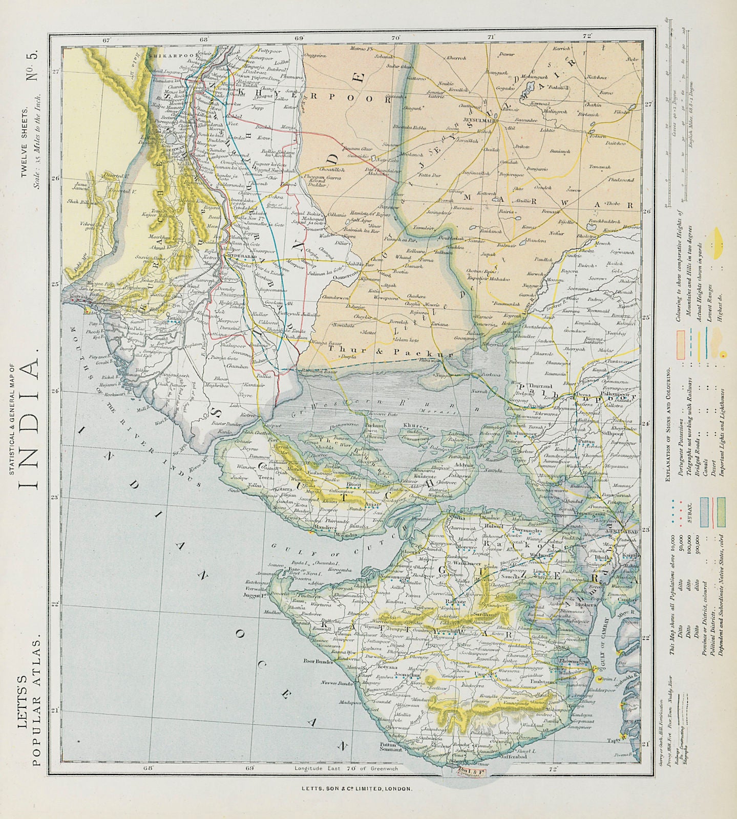 NW INDIA & S PAKISTAN. Sindh Gujarat Karachi Hyderabad. Railways. LETTS 1884 map